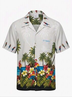 Rare Unique SGS White Tropical Parrot Camp Shirt Size Large